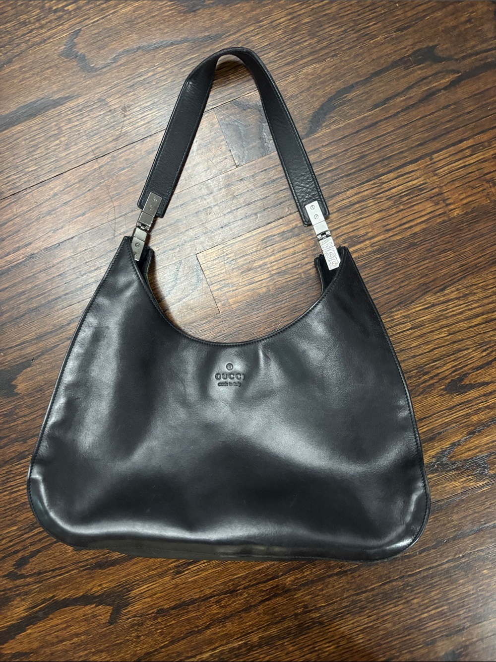 Gucci Black Leather Shoulder Hobo with Silver-Tone Accents